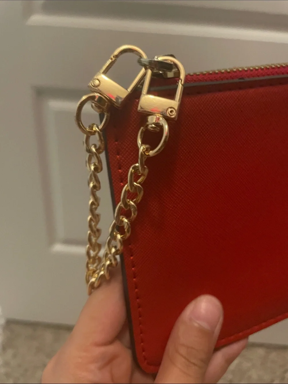 kate spade red leather wristlet with gold chain